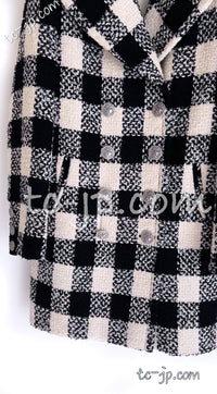 CHANEL 16PF Ivory Black Wool Silk Double Tweed Coat 38 40 シャネル アイボリー ブラック ウール シルク チェック ツイード コート メンズも！即発