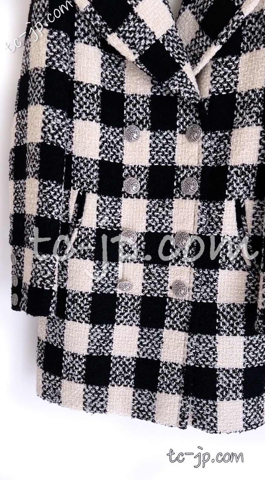 CHANEL 16PF Ivory Black Wool Silk Double Tweed Coat 38 40 シャネル アイボリー ブラック ウール シルク チェック ツイード コート メンズも！即発
