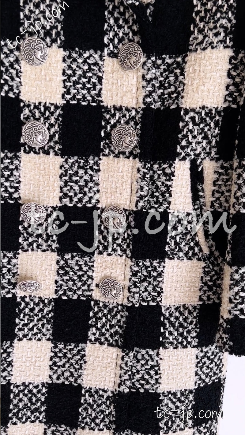 CHANEL 16PF Ivory Black Wool Silk Double Tweed Coat 38 40 シャネル アイボリー ブラック ウール シルク チェック ツイード コート メンズも！即発