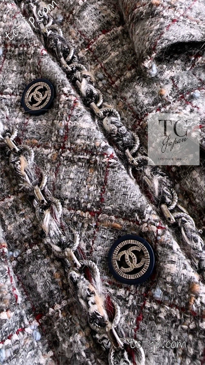 CHANEL 13B Gray Brown Chain Trimming Tweed Dress Coat 34 36 シャネル グレー ブラウン チェーン トリミング ワンピース コート 即発