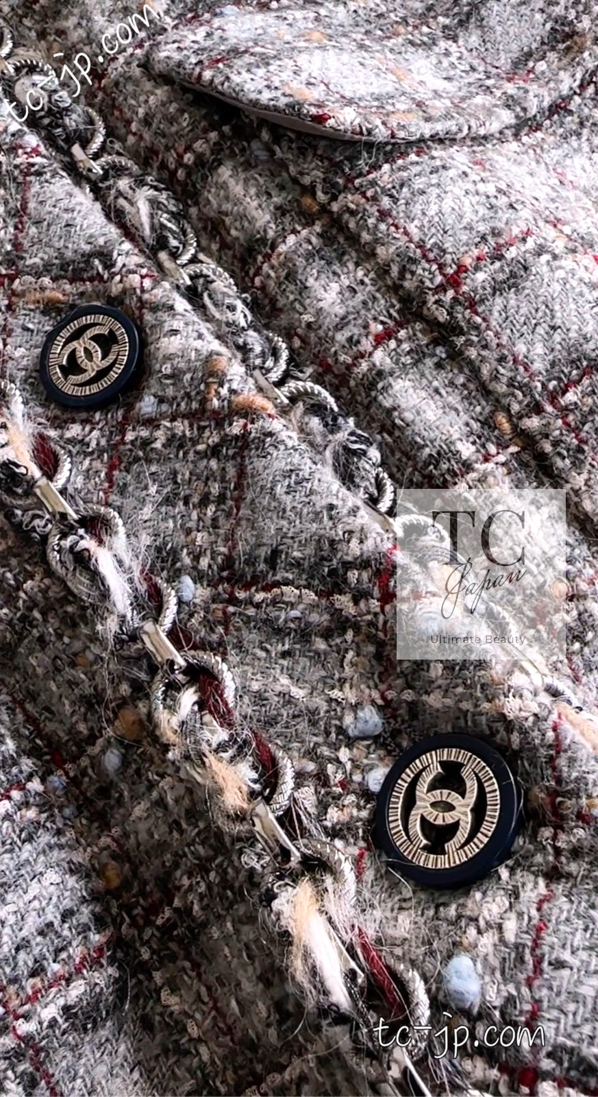 CHANEL 13B Gray Brown Chain Trimming Tweed Dress Coat 34 36 シャネル グレー ブラウン チェーン トリミング ワンピース コート 即発