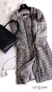 CHANEL 13B Gray Brown Chain Trimming Tweed Dress Coat 34 36 シャネル グレー ブラウン チェーン トリミング ワンピース コート 即発