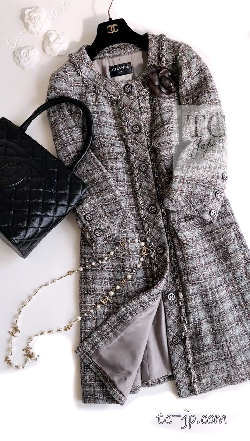 CHANEL 13B Gray Brown Chain Trimming Tweed Dress Coat 34 36 シャネル グレー ブラウン チェーン トリミング ワンピース コート 即発