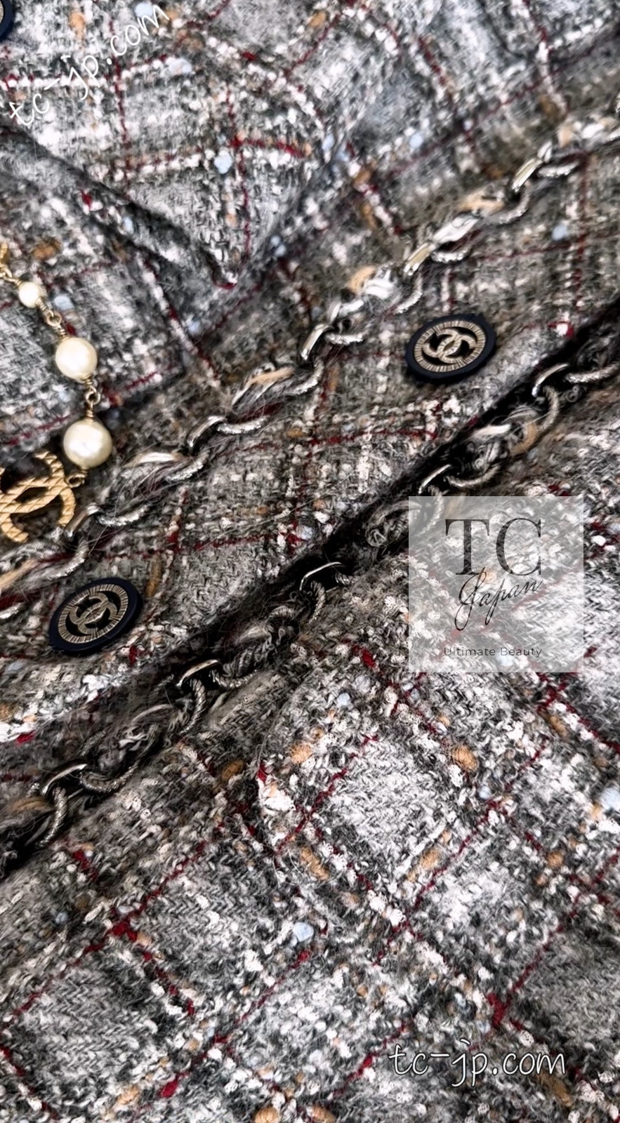 CHANEL 13B Gray Brown Chain Trimming Tweed Dress Coat 34 36 シャネル グレー ブラウン チェーン トリミング ワンピース コート 即発