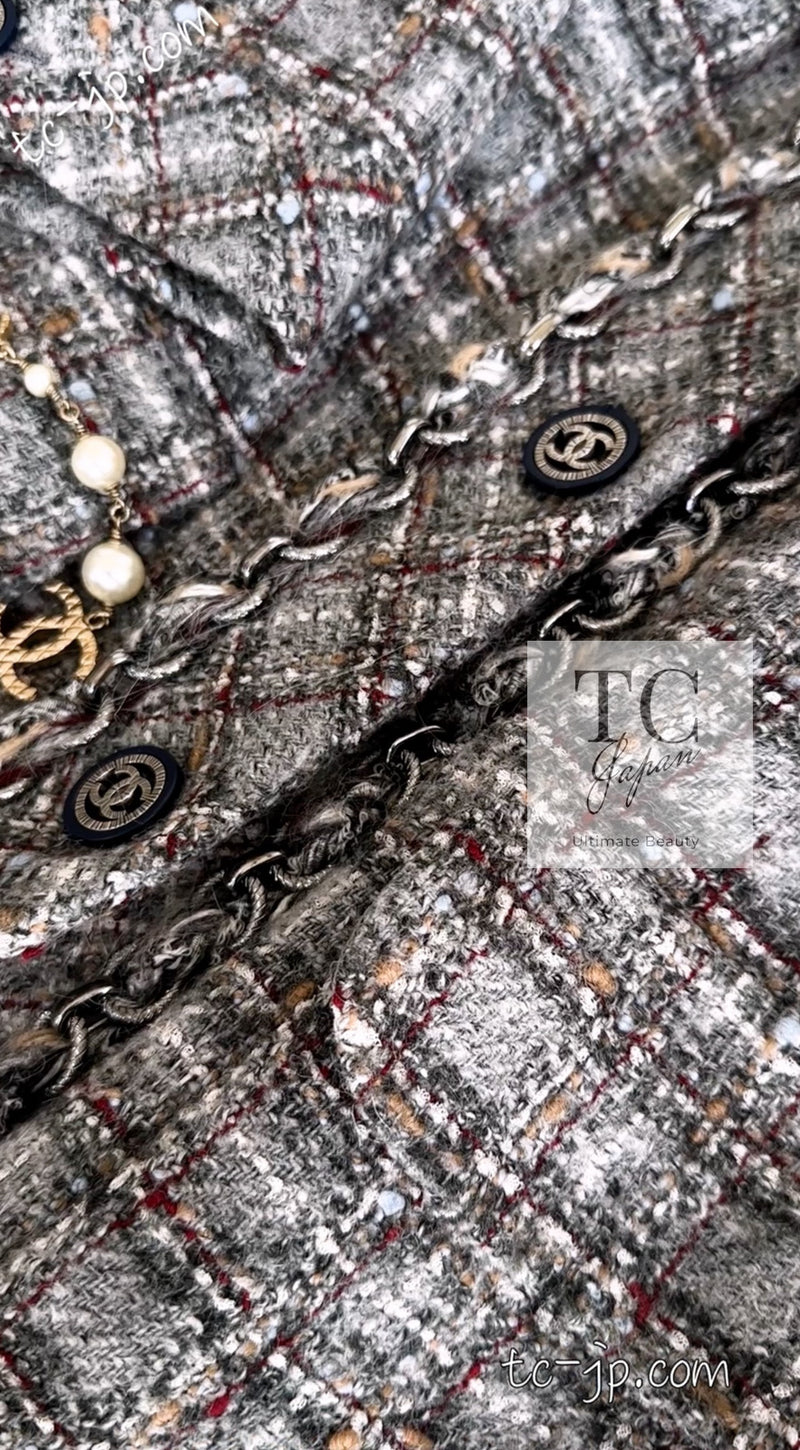 CHANEL 13B Gray Brown Chain Trimming Tweed Dress Coat 34 36 シャネル グレー ブラウン チェーン トリミング ワンピース コート 即発