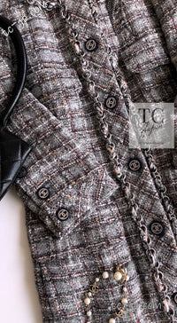 CHANEL 13B Gray Brown Chain Trimming Tweed Dress Coat 34 36 シャネル グレー ブラウン チェーン トリミング ワンピース コート 即発