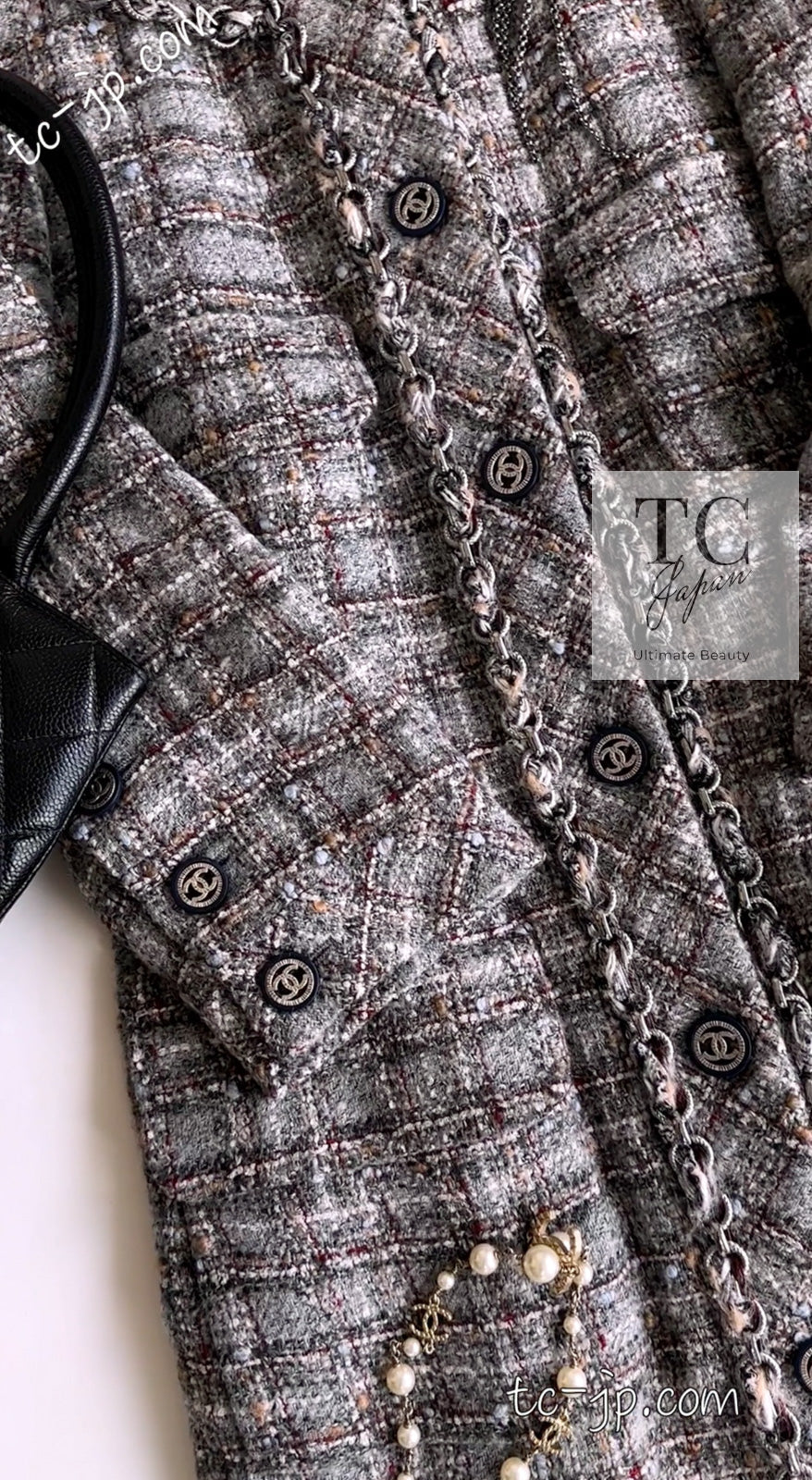 CHANEL 13B Gray Brown Chain Trimming Tweed Dress Coat 34 36 シャネル グレー ブラウン チェーン トリミング ワンピース コート 即発