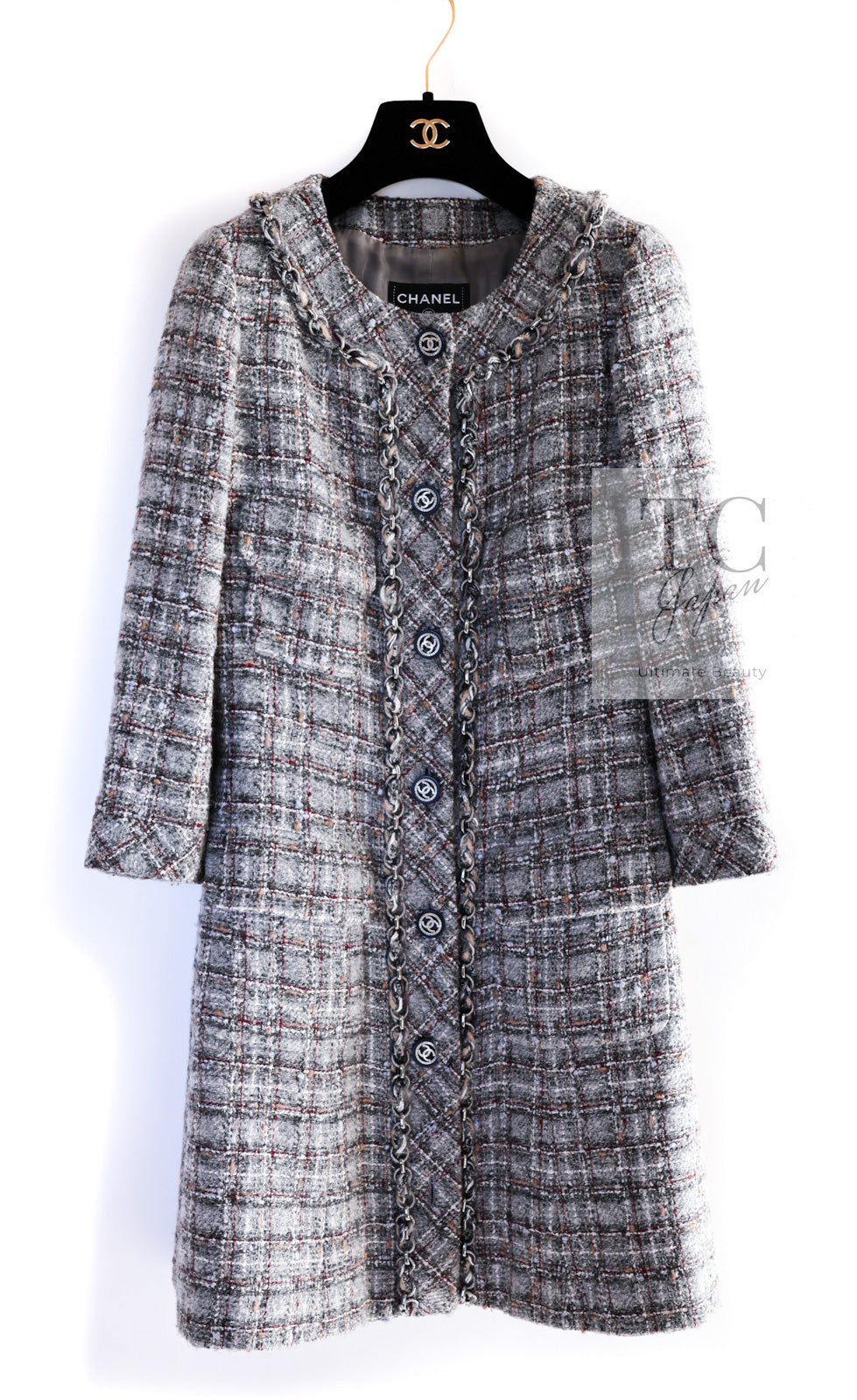 CHANEL 13B Gray Brown Chain Trimming Tweed Dress Coat 34 36 シャネル グレー ブラウン チェーン トリミング ワンピース コート 即発