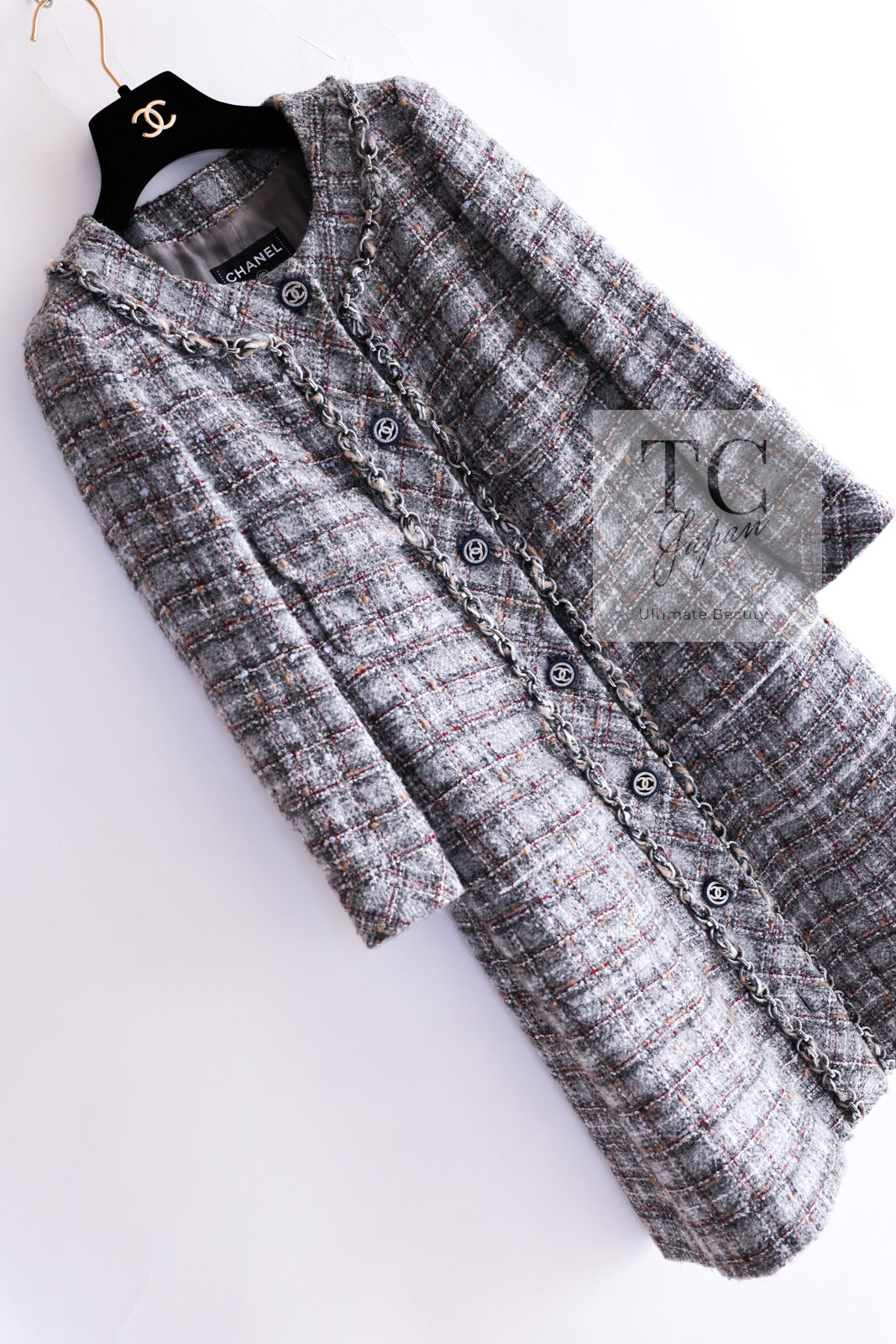 CHANEL 13B Gray Brown Chain Trimming Tweed Dress Coat 34 36 シャネル グレー ブラウン チェーン トリミング ワンピース コート 即発