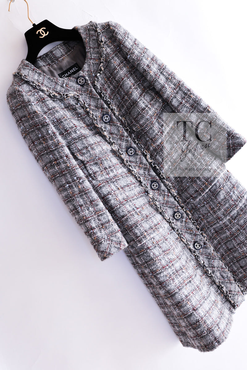 CHANEL 13B Gray Brown Chain Trimming Tweed Dress Coat 34 36 シャネル グレー ブラウン チェーン トリミング ワンピース コート 即発