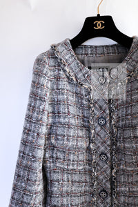 CHANEL 13B Gray Brown Chain Trimming Tweed Dress Coat 34 36 シャネル グレー ブラウン チェーン トリミング ワンピース コート 即発