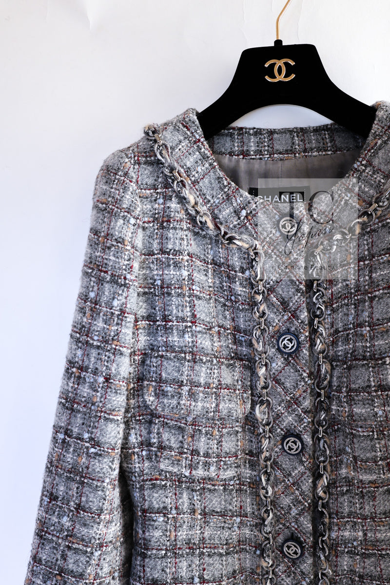 CHANEL 13B Gray Brown Chain Trimming Tweed Dress Coat 34 36 シャネル グレー ブラウン チェーン トリミング ワンピース コート 即発