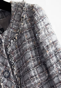 CHANEL 13B Gray Brown Chain Trimming Tweed Dress Coat 34 36 シャネル グレー ブラウン チェーン トリミング ワンピース コート 即発