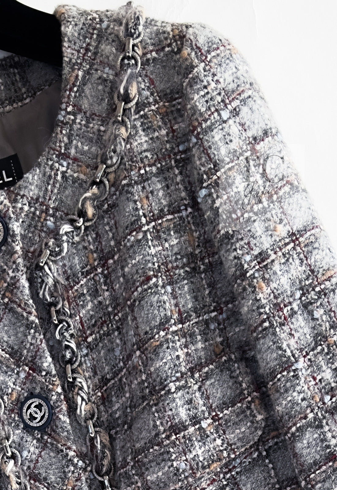 CHANEL 13B Gray Brown Chain Trimming Tweed Dress Coat 34 36 シャネル グレー ブラウン チェーン トリミング ワンピース コート 即発