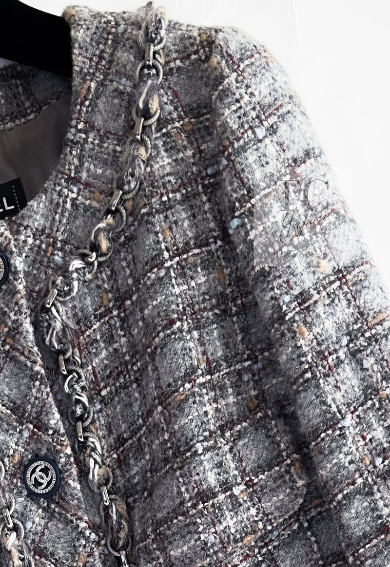 CHANEL 13B Gray Brown Chain Trimming Tweed Dress Coat 34 36 シャネル グレー ブラウン チェーン トリミング ワンピース コート 即発
