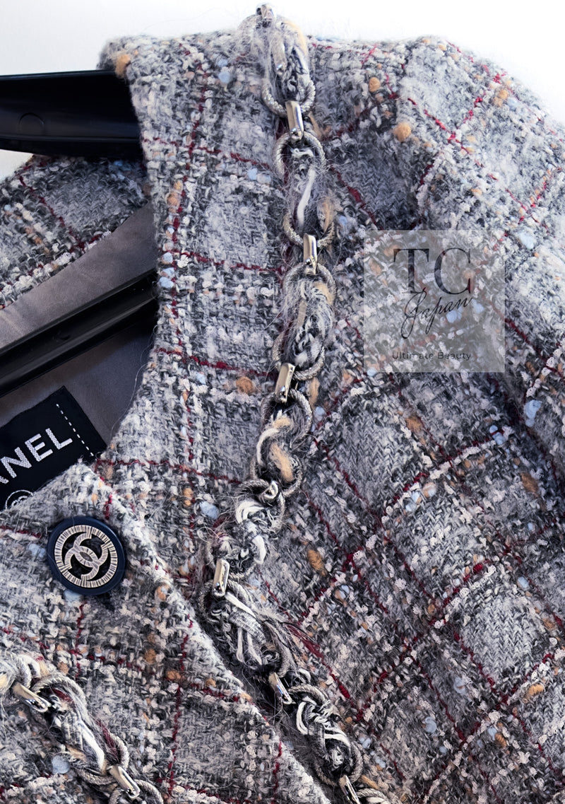 CHANEL 13B Gray Brown Chain Trimming Tweed Dress Coat 34 36 シャネル グレー ブラウン チェーン トリミング ワンピース コート 即発