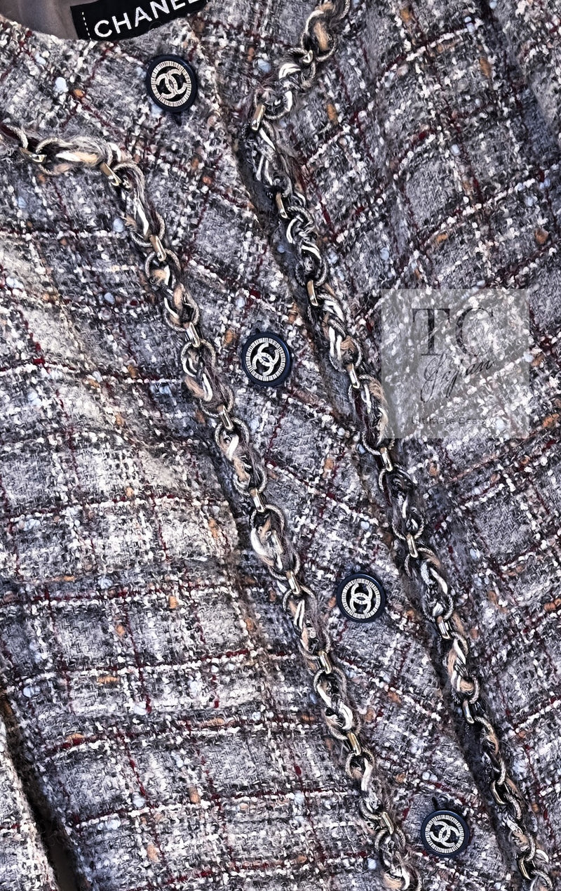 CHANEL 13B Gray Brown Chain Trimming Tweed Dress Coat 34 36 シャネル グレー ブラウン チェーン トリミング ワンピース コート 即発
