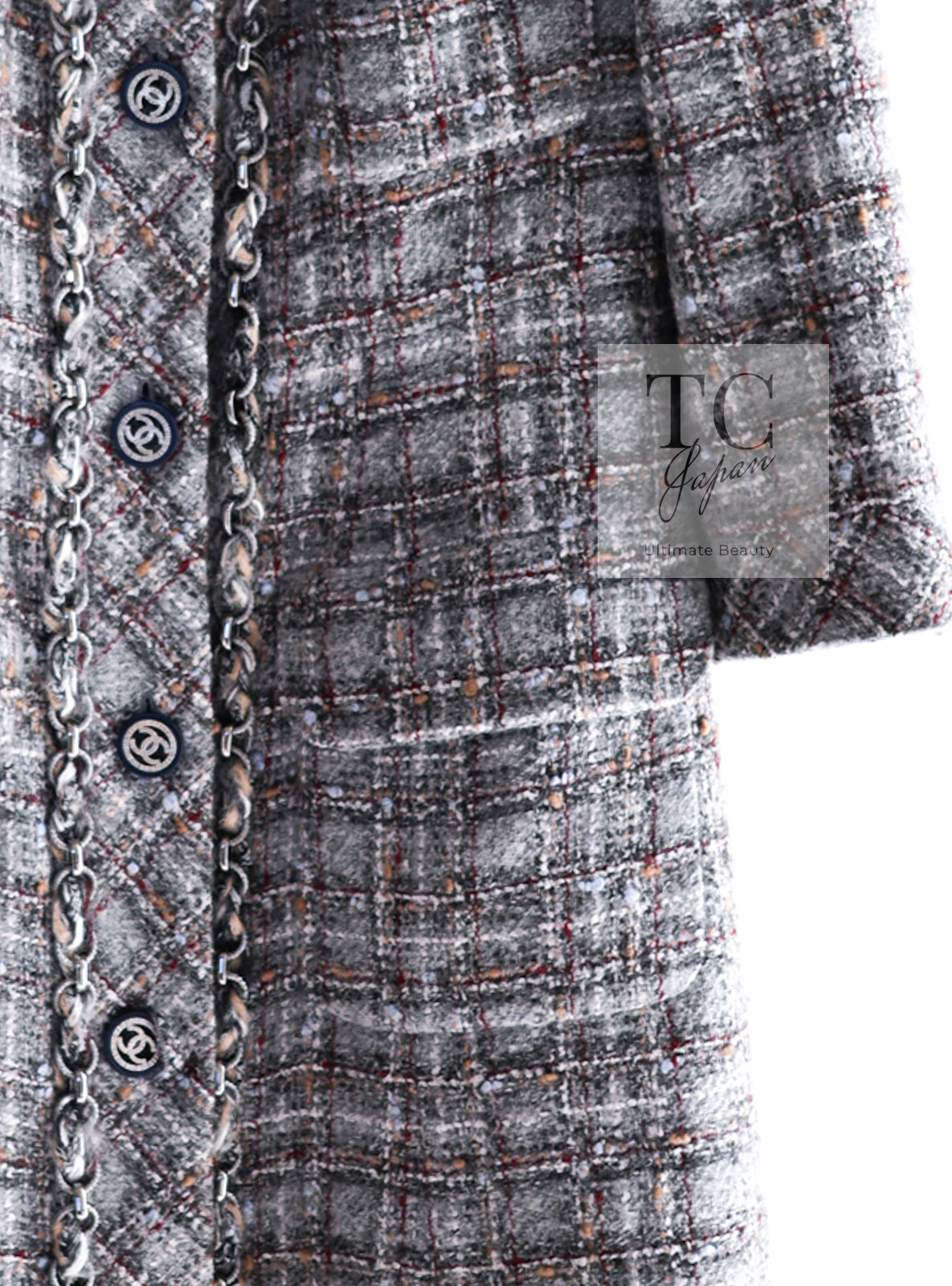 CHANEL 13B Gray Brown Chain Trimming Tweed Dress Coat 34 36 シャネル グレー ブラウン チェーン トリミング ワンピース コート 即発