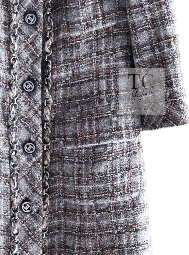 CHANEL 13B Gray Brown Chain Trimming Tweed Dress Coat 34 36 シャネル グレー ブラウン チェーン トリミング ワンピース コート 即発