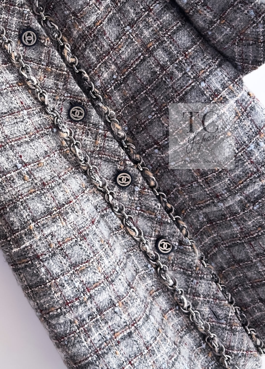 CHANEL 13B Gray Brown Chain Trimming Tweed Dress Coat 34 36 シャネル グレー ブラウン チェーン トリミング ワンピース コート 即発