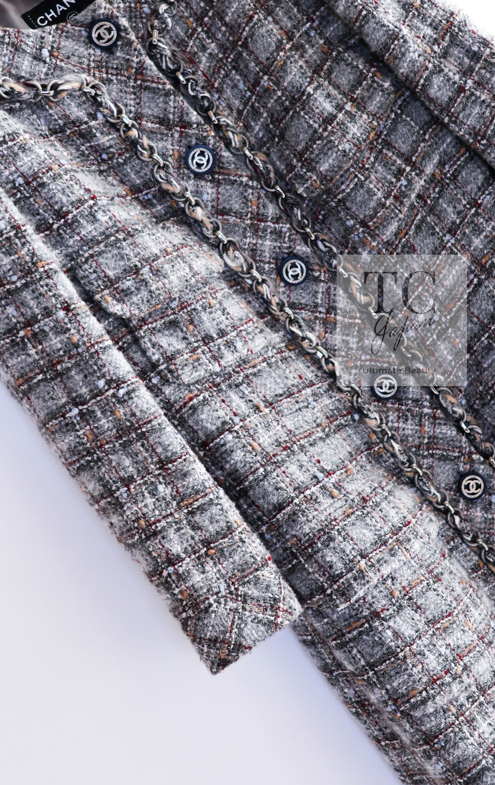 CHANEL 13B Gray Brown Chain Trimming Tweed Dress Coat 34 36 シャネル グレー ブラウン チェーン トリミング ワンピース コート 即発