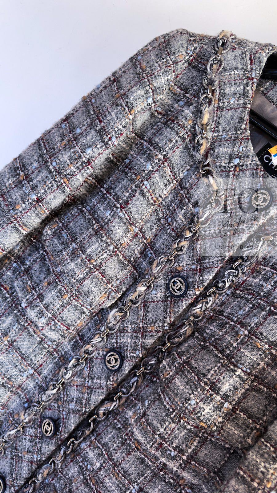 CHANEL 13B Gray Brown Chain Trimming Tweed Dress Coat 34 36 シャネル グレー ブラウン チェーン トリミング ワンピース コート 即発