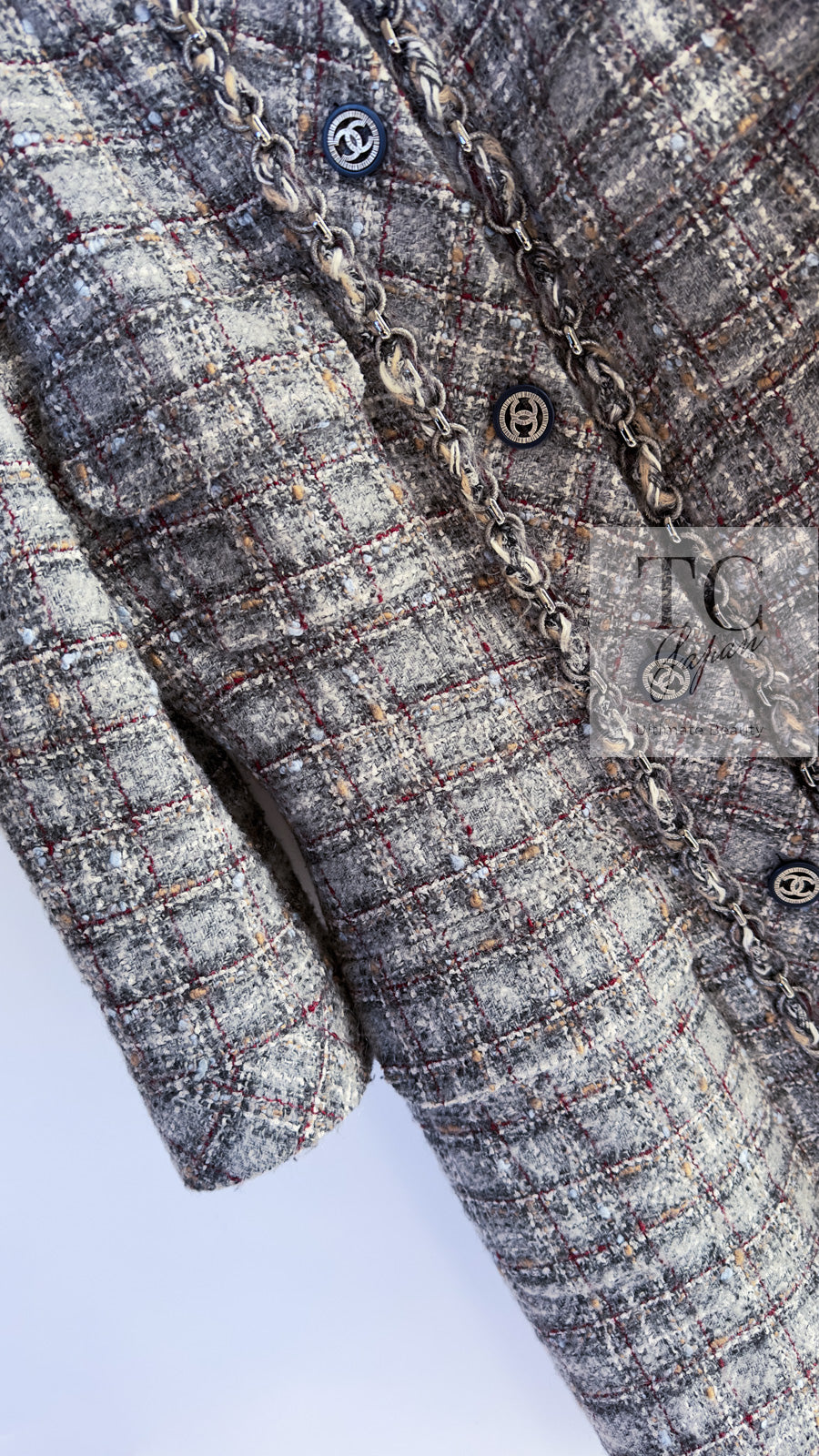 CHANEL 13B Gray Brown Chain Trimming Tweed Dress Coat 34 36 シャネル グレー ブラウン チェーン トリミング ワンピース コート 即発