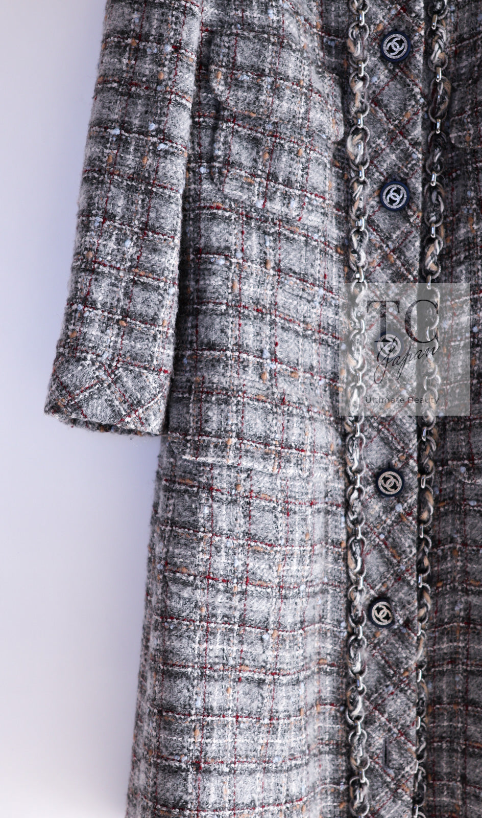 CHANEL 13B Gray Brown Chain Trimming Tweed Dress Coat 34 36 シャネル グレー ブラウン チェーン トリミング ワンピース コート 即発