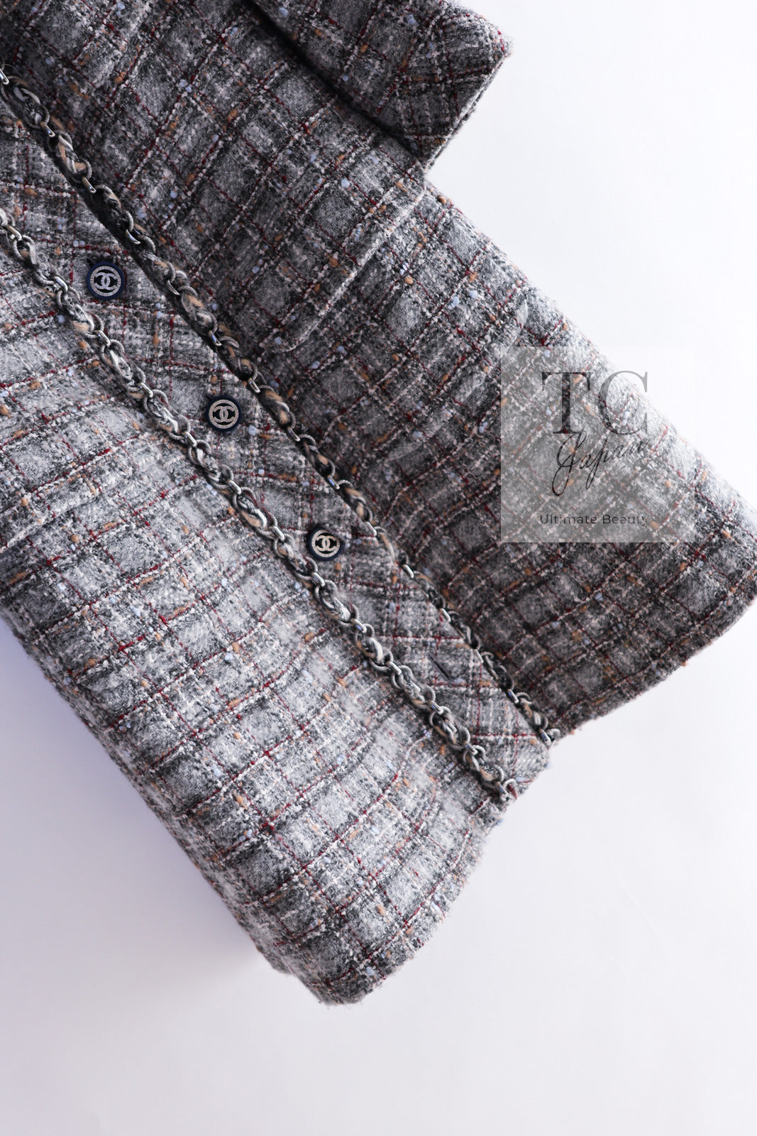 CHANEL 13B Gray Brown Chain Trimming Tweed Dress Coat 34 36 シャネル グレー ブラウン チェーン トリミング ワンピース コート 即発