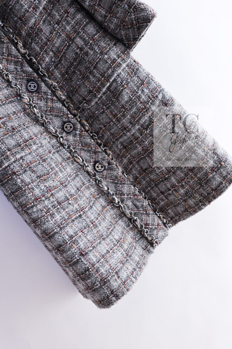 CHANEL 13B Gray Brown Chain Trimming Tweed Dress Coat 34 36 シャネル グレー ブラウン チェーン トリミング ワンピース コート 即発