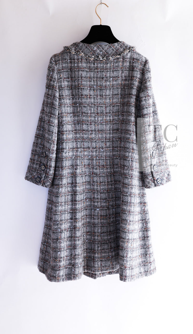 CHANEL 13B Gray Brown Chain Trimming Tweed Dress Coat 34 36 シャネル グレー ブラウン チェーン トリミング ワンピース コート 即発