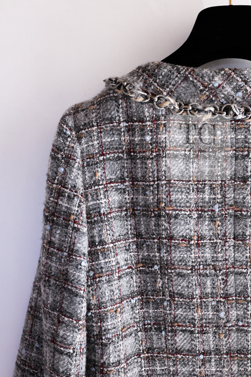 CHANEL 13B Gray Brown Chain Trimming Tweed Dress Coat 34 36 シャネル グレー ブラウン チェーン トリミング ワンピース コート 即発