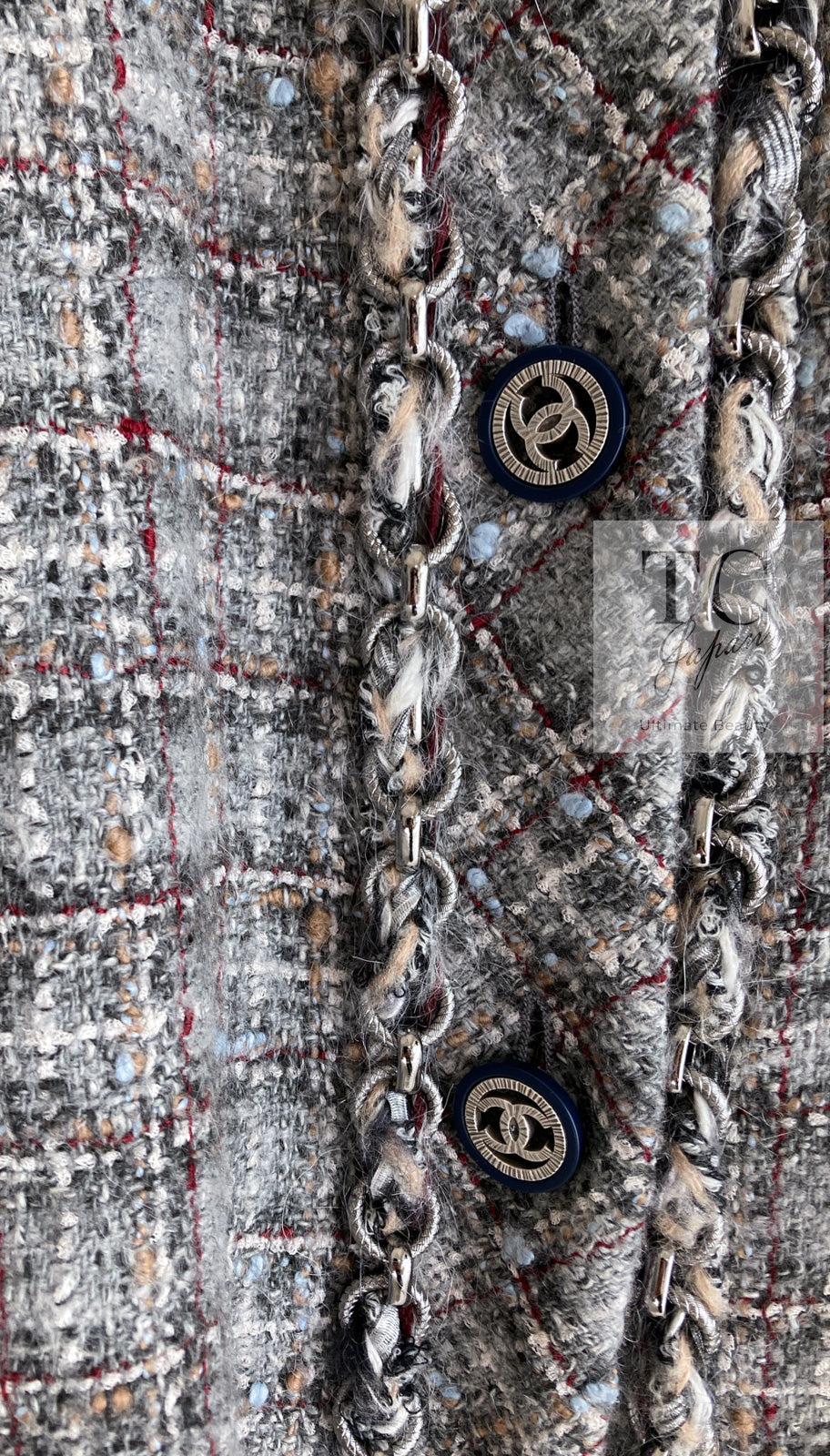 CHANEL 13B Gray Brown Chain Trimming Tweed Dress Coat 34 36 シャネル グレー ブラウン チェーン トリミング ワンピース コート 即発