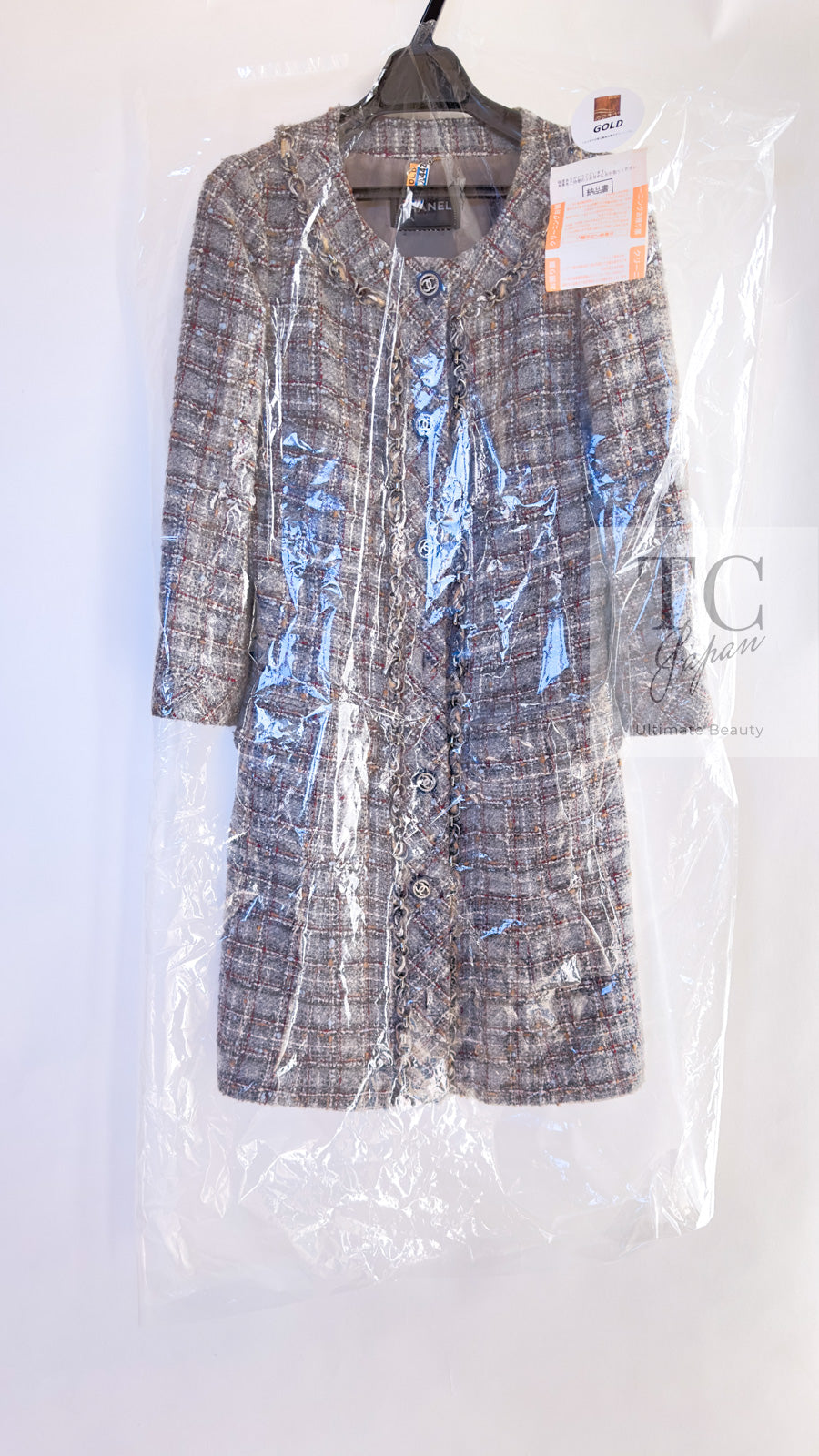 CHANEL 13B Gray Brown Chain Trimming Tweed Dress Coat 34 36 シャネル グレー ブラウン チェーン トリミング ワンピース コート 即発