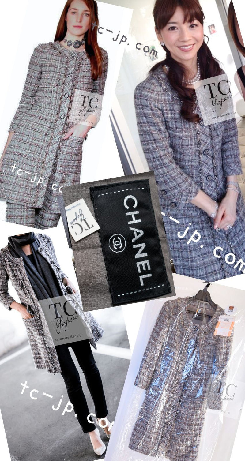 CHANEL 13B Gray Brown Chain Trimming Tweed Dress Coat 34 36 シャネル グレー ブラウン チェーン トリミング ワンピース コート 即発