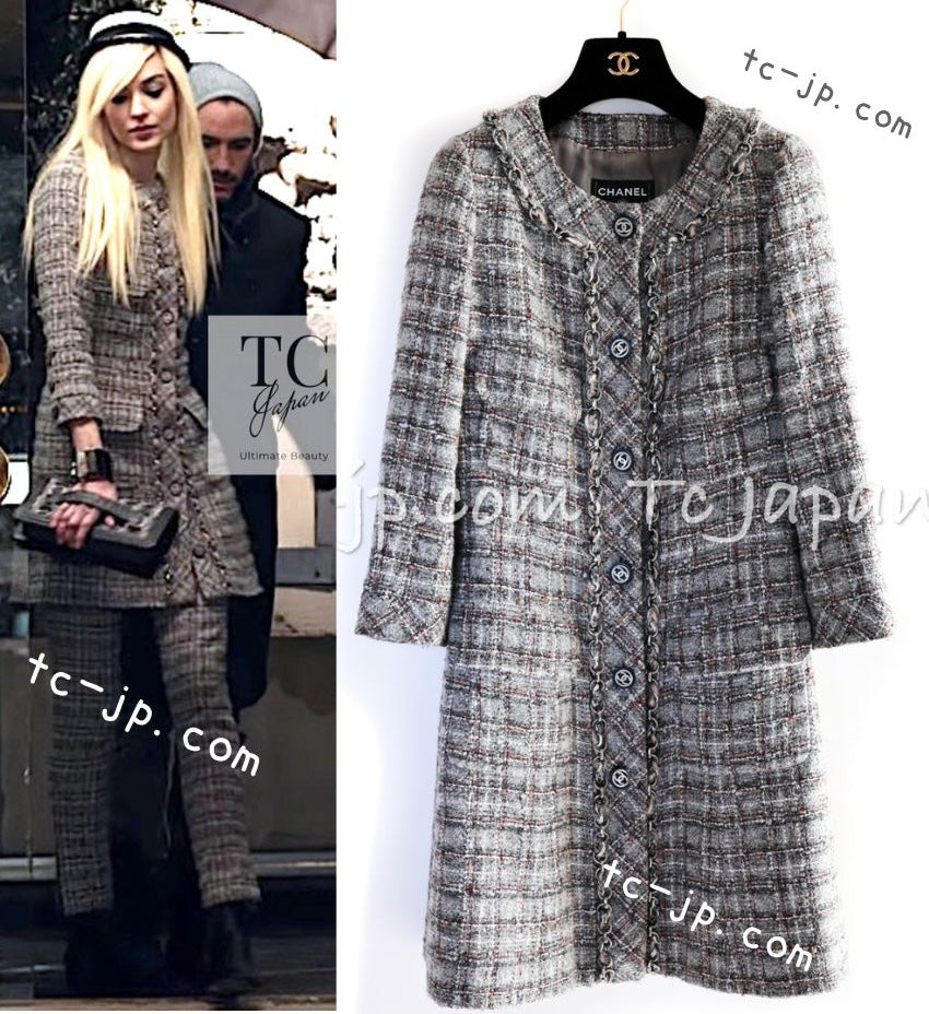 CHANEL 13B Gray Brown Chain Trimming Tweed Dress Coat 34 36 シャネル グレー ブラウン チェーン トリミング ワンピース コート 即発