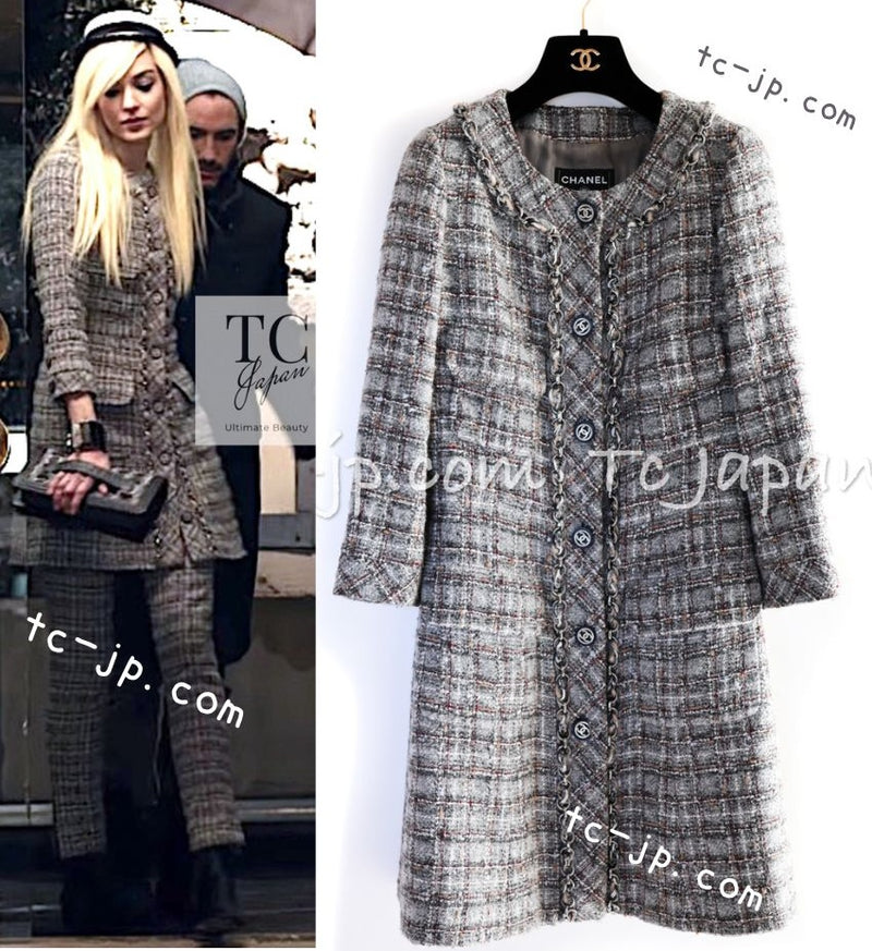 CHANEL 13B Gray Brown Chain Trimming Tweed Dress Coat 34 36 シャネル グレー ブラウン チェーン トリミング ワンピース コート 即発