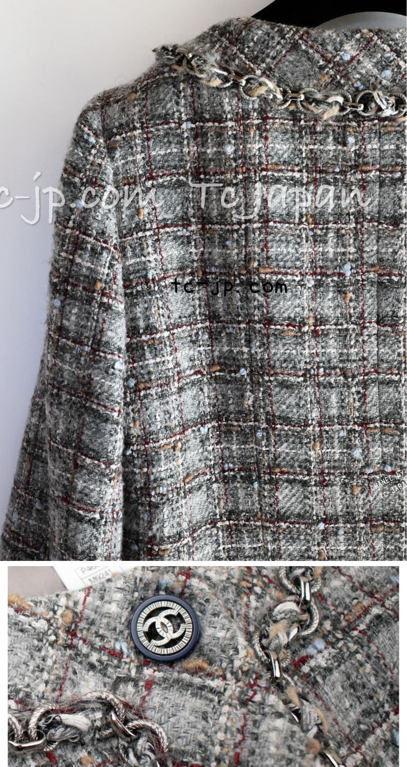 CHANEL 13B Gray Brown Chain Trimming Tweed Dress Coat 34 36 シャネル グレー ブラウン チェーン トリミング ワンピース コート 即発