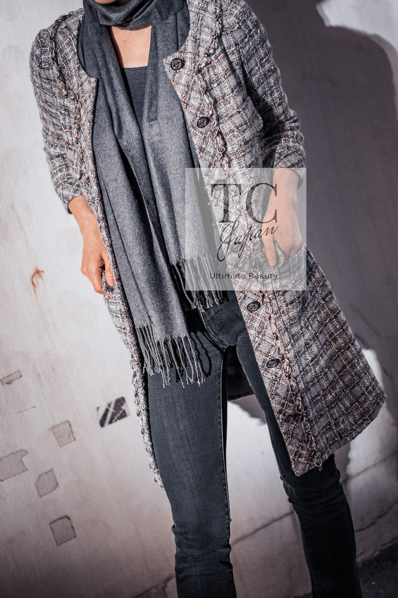 CHANEL 13B Gray Brown Chain Trimming Tweed Dress Coat 34 36 シャネル グレー ブラウン チェーン トリミング ワンピース コート 即発