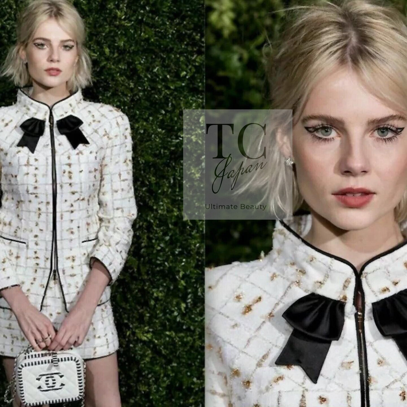 シャネル ジャケット CHANEL 19S ホワイト ゴールド ジップアップ リボン ツイード ジャケット 40 CHANEL Jacket 19S White Gold Bow Zip up 40
