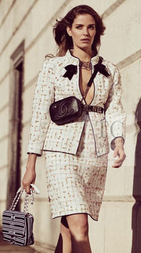 CHANEL 19S White Gold Bow Zip up Jacket Skirt Suit 36 シャネル ホワイト ゴールド ジップアップ リボン ツイード ジャケット スカート スーツ 即発