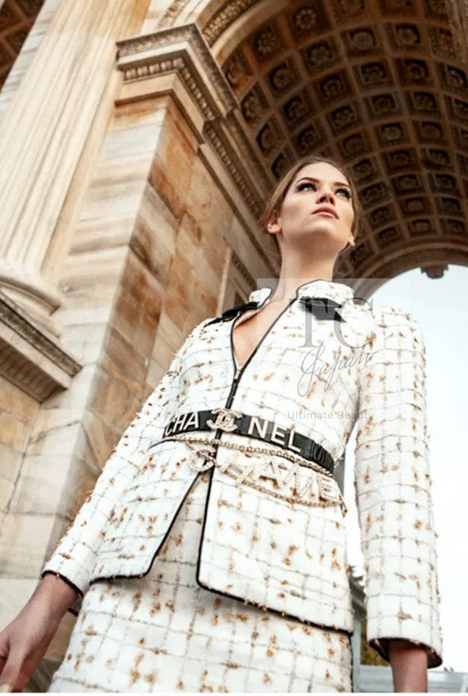 シャネル ジャケット CHANEL 19S ホワイト ゴールド ジップアップ リボン ツイード ジャケット 40 - TC JAPAN