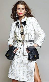 CHANEL 19S White Gold Bow Zip up Jacket Skirt Suit 36 シャネル ホワイト ゴールド ジップアップ リボン ツイード ジャケット スカート スーツ 即発