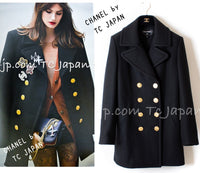 CHANEL 16PF Black Cashmere Gold Logo Button Double Coat 42 44 シャネル ブラック カシミア ゴールド ロゴ ボタン ダブル ピーコート 即発