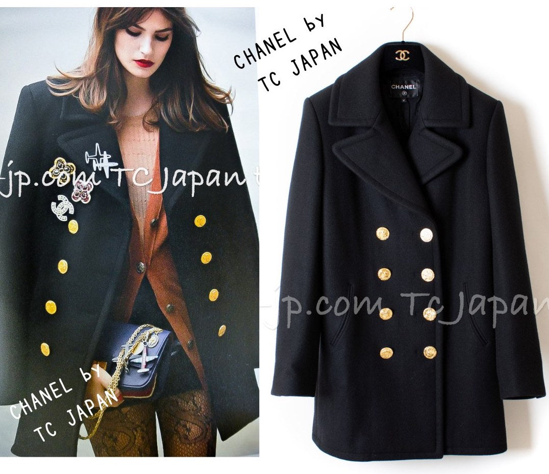 CHANEL 16PF Black Cashmere Gold Logo Button Double Coat 42 44 シャネル ブラック カシミア ゴールド ロゴ ボタン ダブル ピーコート 即発