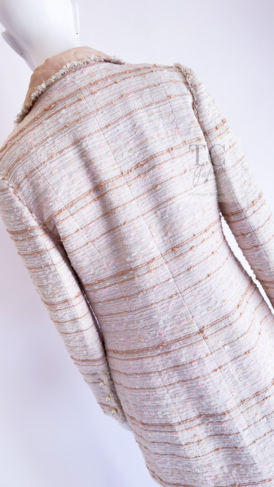 CHANEL 04S Ivory Beige Pink Cotton Tweed Coat 38 40 シャネル 生成り ベージュ ピンク コットン ツイード コート 即発