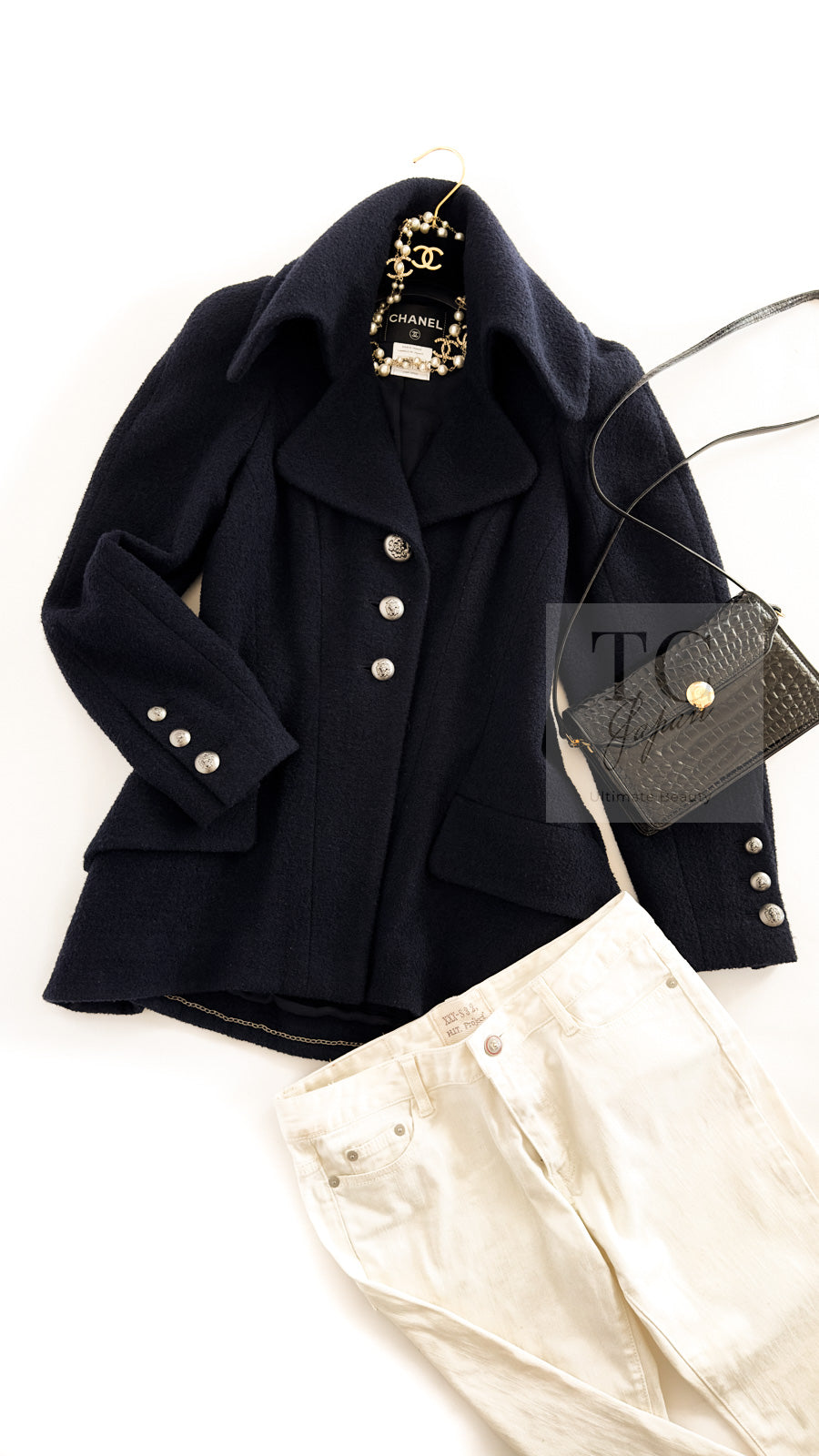 CHANEL 08A Black Wool Big Lion Button Jacket Coat 36 38 シャネル ブラック ウール 大きい ライオン ボタン ジャケット コート 即発