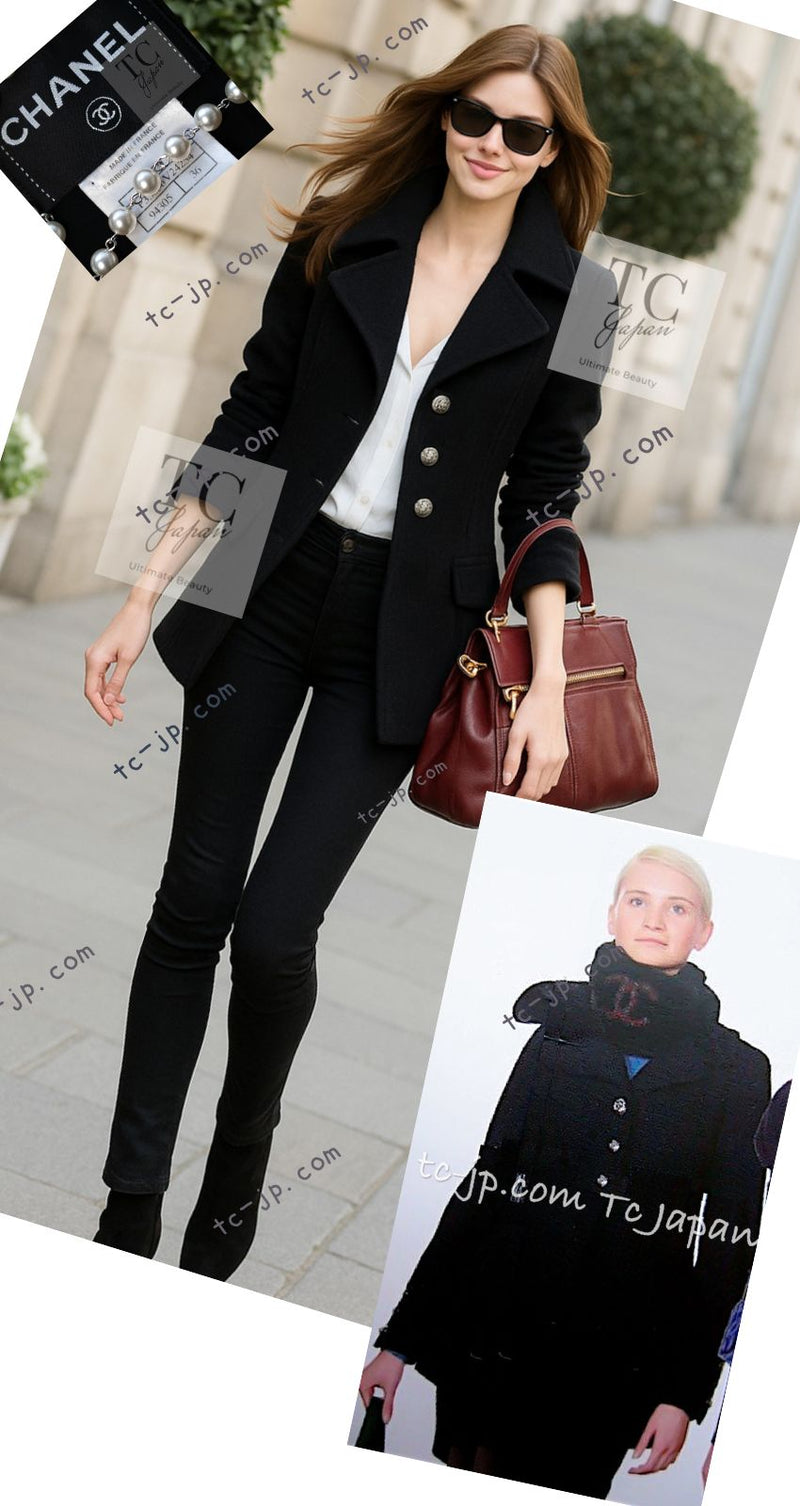 CHANEL 08A Black Wool Big Lion Button Jacket Coat 36 38 シャネル ブラック ウール 大きい ライオン ボタン ジャケット コート 即発