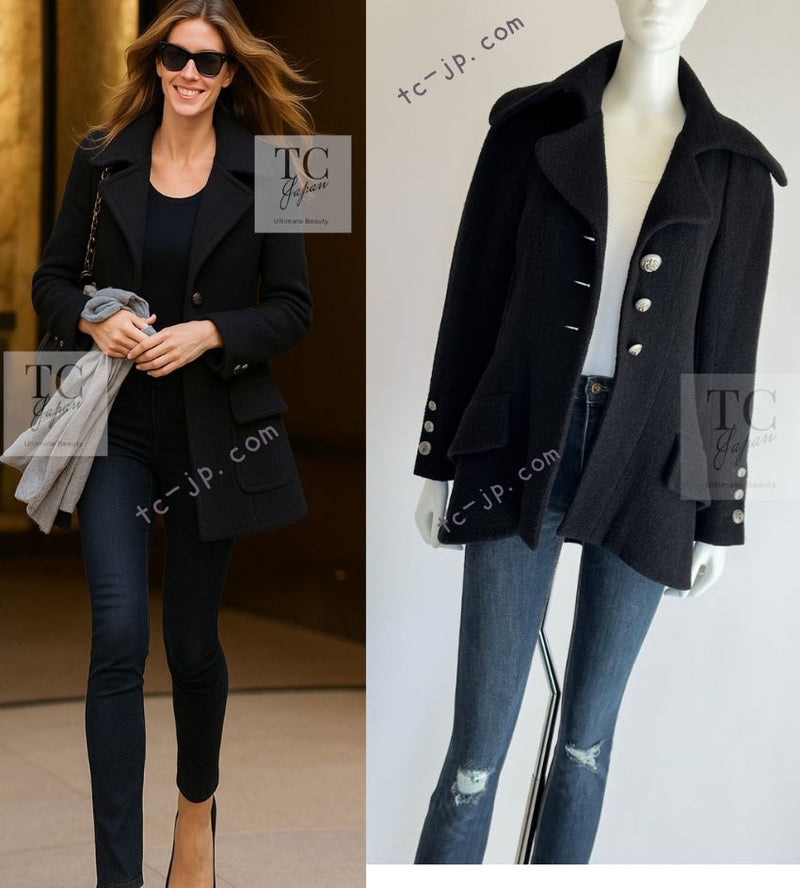 CHANEL 08A Black Wool Big Lion Button Jacket Coat 36 38 シャネル ブラック ウール 大きい ライオン ボタン ジャケット コート 即発