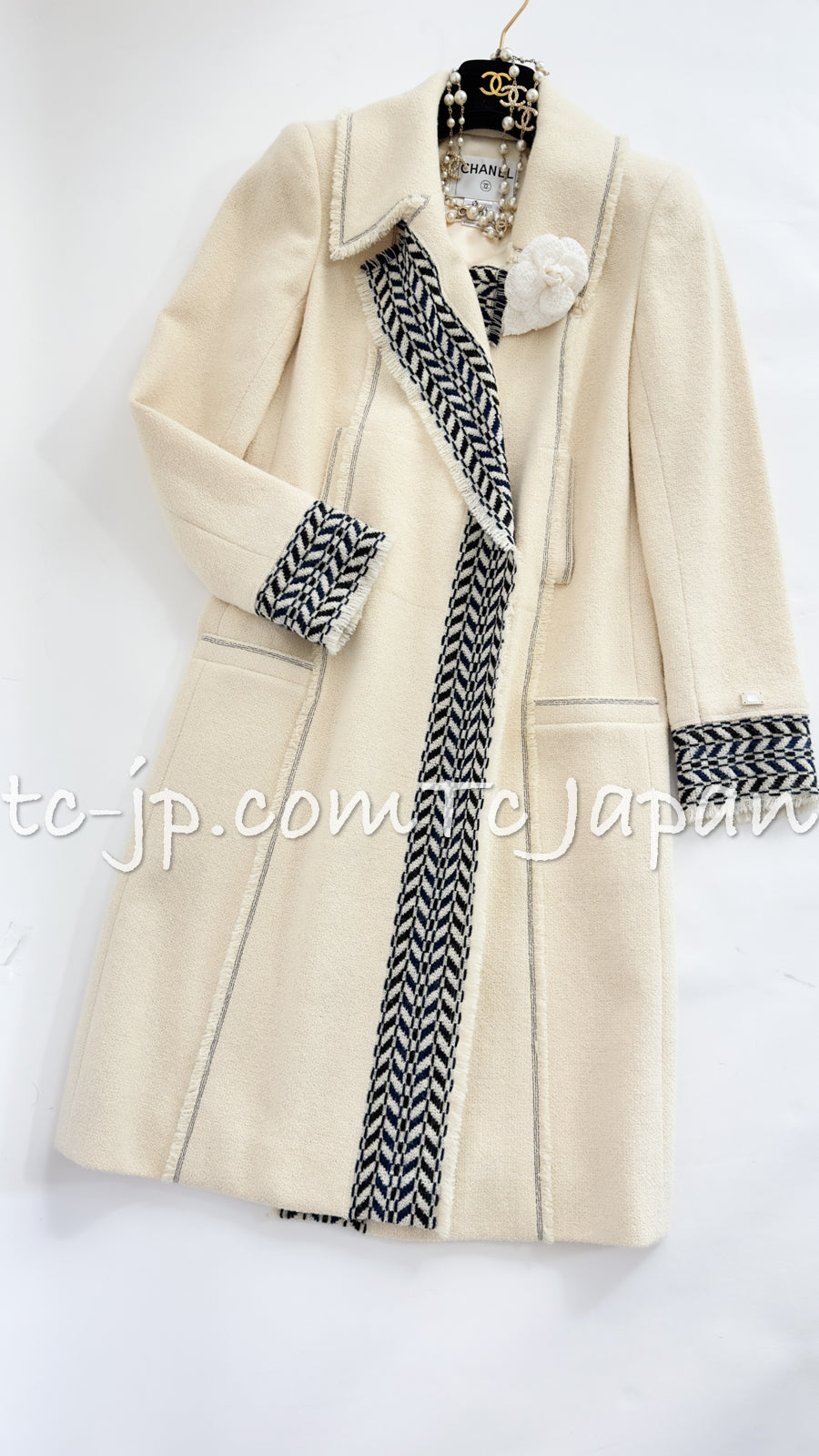 CHANEL 04A Ivory Black Wool 100% Tweed Coat 38 40 42 シャネル アイボリー ブラック ウール100% ツイード コート 即発